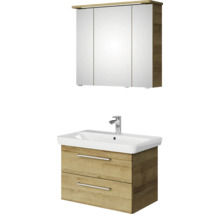 Badmöbel-Set Pelipal Sunline 105 BxHxT 80,5 x 200 x 48,5 cm Frontfarbe Eiche riviera mit Keramik-Waschtisch Waschtischunterschrank und Spiegelschrank mit LED-Beleuchtung