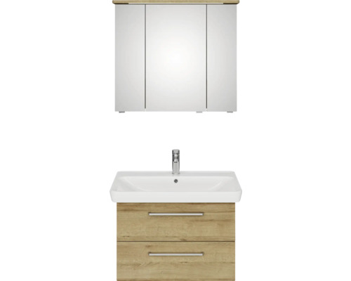 Badmöbel-Set Pelipal Sunline 105 BxHxT 80,5 x 200 x 48,5 cm Frontfarbe Eiche riviera mit Keramik-Waschtisch Waschtischunterschrank und Spiegelschrank mit LED-Beleuchtung Waschtischunterschrank mit Waschbecken und Spiegelschrank für das Badezimmer