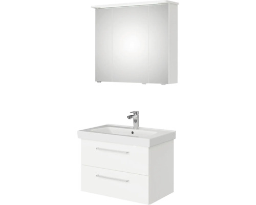 Badmöbel-Set Pelipal Sunline 105 BxHxT 80 x 200 x 46 cm Frontfarbe weiß hochglanz mit Keramik-Waschtisch Waschtischunterschrank und Spiegelschrank mit LED-Beleuchtung Badezimmer mit Waschbeckenunterschrank, zwei Schubladen und Spiegelschrank