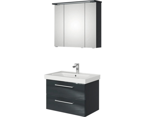 Badmöbel-Set Pelipal Sunline 105 BxHxT 80 x 200 x 46 cm Frontfarbe anthrazit mit Keramik-Waschtisch Waschtischunterschrank und Spiegelschrank mit LED-Beleuchtung Badezimmerset mit Spiegelschrank und Waschtischunterschrank