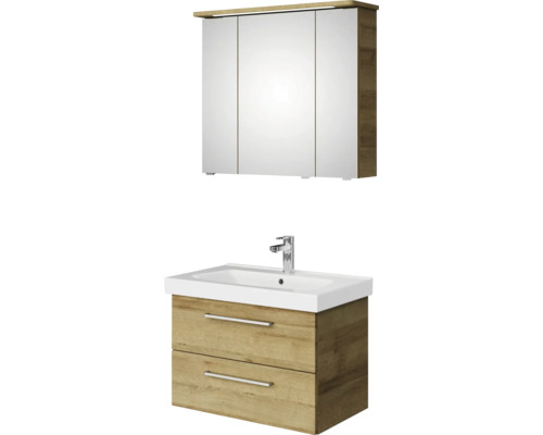 Badmöbel-Set Pelipal Sunline 105 BxHxT 80 x 200 x 46 cm Frontfarbe Eiche riviera mit Keramik-Waschtisch Waschtischunterschrank und Spiegelschrank mit LED-Beleuchtung Waschtischunterschrank mit Waschbecken und Spiegelschrank für das Badezimmer