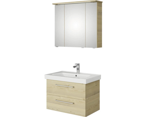 Badmöbel-Set Pelipal Sunline 105 BxHxT 80 x 200 x 46 cm Frontfarbe Polar Pinie mit Keramik-Waschtisch Waschtischunterschrank und Spiegelschrank mit LED-Beleuchtung Waschtischunterschrank mit Waschbecken und Spiegelschrank für das Badezimmer