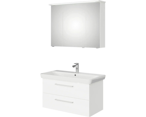 Badmöbel-Set Pelipal Sunline 105 BxHxT 96 x 200 x 48,5 cm Frontfarbe weiß hochglanz mit Keramik-Waschtisch Waschtischunterschrank und Spiegelschrank mit LED-Beleuchtung Weißer Waschbeckenunterschrank mit zwei Schubladen und Spiegelschrank mit drei Türen