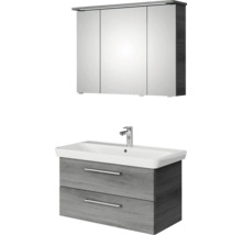 Badmöbel-Set Pelipal Sunline 105 BxHxT 96 x 200 x 48,5 cm Frontfarbe graphit struktur quer mit Keramik-Waschtisch Waschtischunterschrank und Spiegelschrank mit LED-Beleuchtung