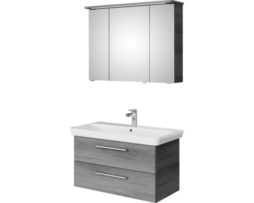 Badmöbel-Set Pelipal Sunline 105 BxHxT 96 x 200 x 48,5 cm Frontfarbe graphit struktur quer mit Keramik-Waschtisch Waschtischunterschrank und Spiegelschrank mit LED-Beleuchtung Badezimmer Set mit Spiegelschrank und Waschtischunterschrank
