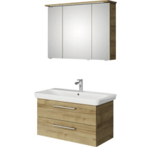 Badmöbel-Set Pelipal Sunline 105 BxHxT 96 x 200 x 48,5 cm Frontfarbe Eiche riviera mit Keramik-Waschtisch Waschtischunterschrank und Spiegelschrank mit LED-Beleuchtung