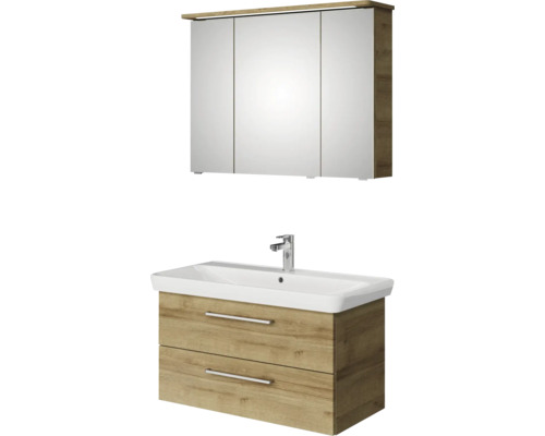 Badmöbel-Set Pelipal Sunline 105 BxHxT 96 x 200 x 48,5 cm Frontfarbe Eiche riviera mit Keramik-Waschtisch Waschtischunterschrank und Spiegelschrank mit LED-Beleuchtung Badezimmerset mit Waschtischunterschrank, Waschbecken und Spiegelschrank