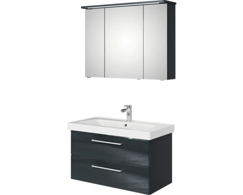 Badmöbel-Set Pelipal Sunline 105 BxHxT 95 x 200 x 46,5 cm Frontfarbe anthrazit mit Keramik-Waschtisch Waschtischunterschrank und Spiegelschrank mit LED-Beleuchtung Waschtischunterschrank mit Waschbecken und Spiegelschrank für das Badezimmer