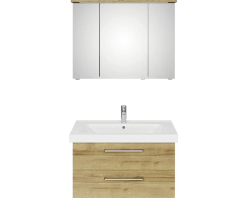 Badmöbel-Set Pelipal Sunline 105 BxHxT 95 x 200 x 46,5 cm Frontfarbe Eiche riviera mit Keramik-Waschtisch Waschtischunterschrank und Spiegelschrank mit LED-Beleuchtung Waschtischkombination mit Spiegelschrank für das Badezimmer