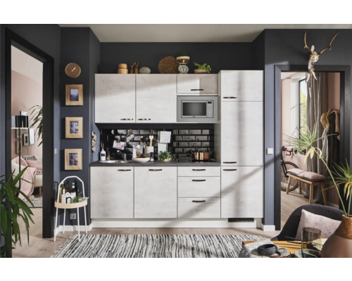 PICCANTE Plus Küchenzeile mit Geräten Casual 240 cm beton weißgrau matt montiert