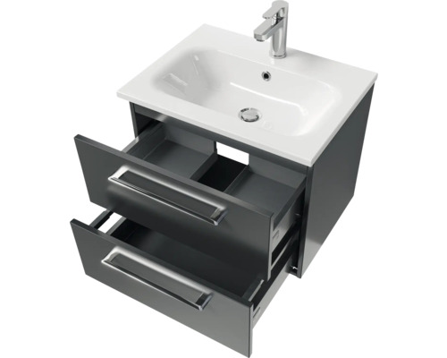 Meuble sous-lavabo avec deux tiroirs ouverts et lavabo