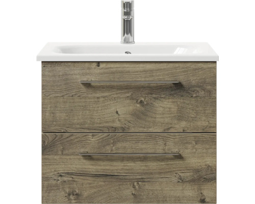 Meuble sous-lavabo avec deux tiroirs, lavabo à poser et robinetterie