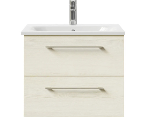 Meuble sous-vasque avec deux tiroirs, lavabo et robinetterie pour la salle de bains.