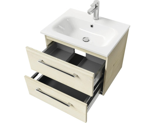 Meuble sous-lavabo avec deux tiroirs ouverts, lavabo en céramique et robinet
