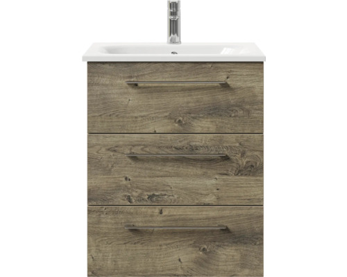 Meuble sous-lavabo avec trois tiroirs, lavabo et robinetterie