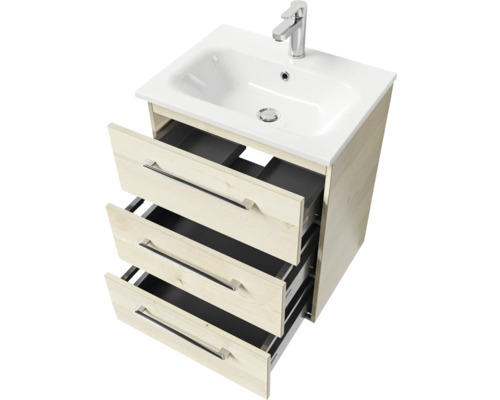 Meuble sous-lavabo avec trois tiroirs, lavabo en céramique et robinet