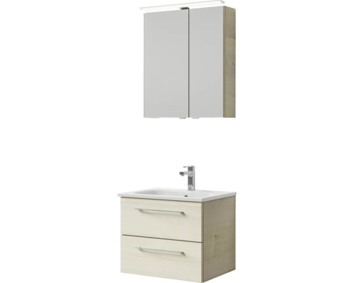 Badmöbel-Set Pelipal Sunline 121 BxHxT 61 x 200 x 46 cm Frontfarbe Polar Pinie mit Mineralguss-Waschtisch Waschtischunterschrank und Spiegelschrank mit LED-Beleuchtung Badezimmer-Set mit Spiegelschrank, Waschtisch und Waschbecken