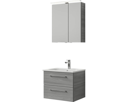 Meuble de salle de bains 3 pièces Pelipal Sunline 121 61 x 200 x 46 cm façade gris sangallo mat avec vasque en marbre minéral sous-vasque armoire de toilette lumineuse