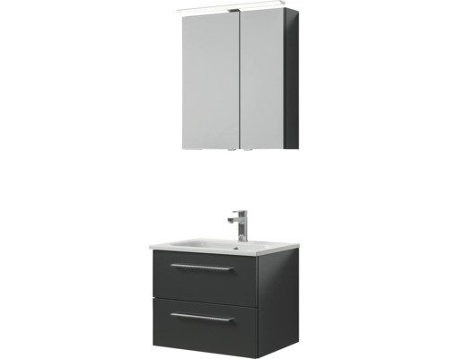 Meuble de salle de bains 3 pièces Pelipal Sunline 121 61 x 200 x 46 cm façade anthracite brillant avec vasque en marbre minéral sous-vasque armoire de toilette lumineuse