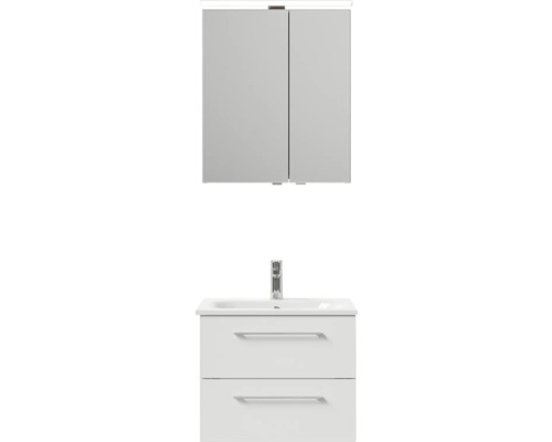 Badmöbel-Set Pelipal Sunline 121 BxHxT 61 x 200 x 46 cm Frontfarbe weiß hochglanz mit Mineralguss-Waschtisch Waschtischunterschrank und Spiegelschrank mit LED-Beleuchtung Badezimmermöbelset mit Waschbeckenunterschrank, Spiegel und zwei Schubladen