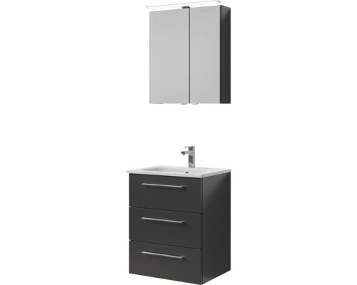 Meuble de salle de bains 3 pièces Pelipal Sunline 121 61 x 200 x 46 cm façade anthracite brillant avec vasque en marbre minéral sous-vasque armoire de toilette lumineuse