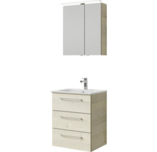 Badmöbel-Set Pelipal Sunline 121 BxHxT 61 x 200 x 46 cm Frontfarbe Polar Pinie mit Mineralguss-Waschtisch Waschtischunterschrank 3 Schubkästen und Spiegelschrank mit LED-Beleuchtung