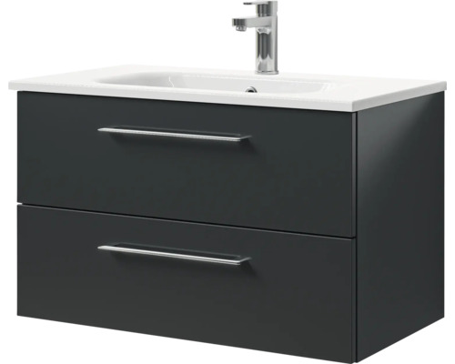 Meuble de salle de bains 2 pièces Pelipal Sunline 121 81 x 50 x 46 cm façade anthracite brillant avec vasque en marbre minéral Meuble sous-lavabo avec deux tiroirs et vasque à poser