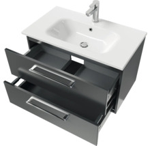 Meuble sous-vasque avec deux tiroirs ouverts, robinetterie et vasque