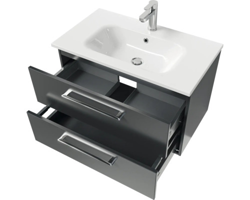 Meuble sous-vasque avec deux tiroirs ouverts, robinetterie et vasque