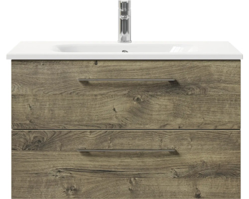 Meuble sous-lavabo avec deux tiroirs, lavabo et robinet