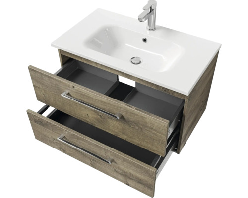 Meuble sous-lavabo avec système de tiroirs ouverts et lavabo à poser