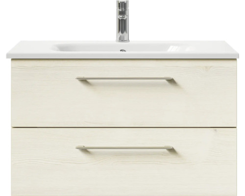 Meuble sous-lavabo avec deux tiroirs, un lavabo et un robinet