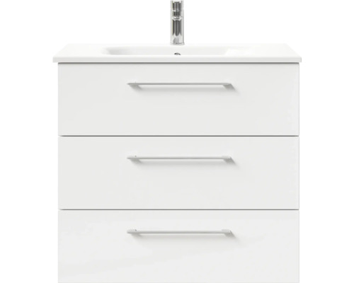 Meuble sous-vasque blanc avec trois tiroirs et robinet
