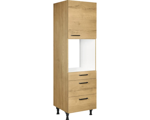 Armoire haute pour four avec coulisses NOBILIA Natur lxpxh 60 x 58 x 217 cm chêne sierra mat prémonté tirant droite Armoire de cuisine avec tiroirs et compartiment ouvert