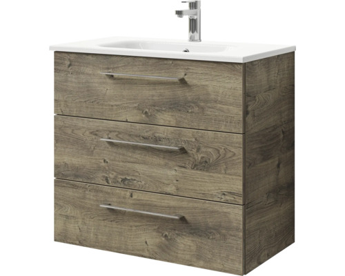 Badmöbel-Set Pelipal Sunline 121 BxHxT 81 x 74 x 46 cm Frontfarbe Eiche ribbeck mit Mineralguss-Waschtisch und Waschtischunterschrank 3 Schubkästen Waschtischunterschrank mit drei Schubladen und Aufsatzwaschbecken