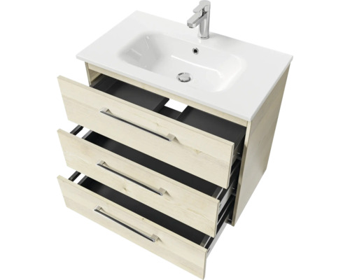 Meuble sous-lavabo avec trois tiroirs ouverts, vasque à poser et robinetterie