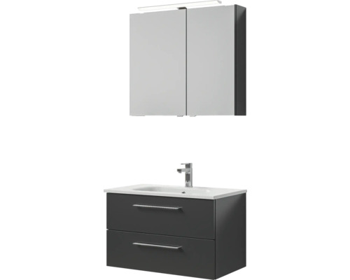 Badmöbel-Set Pelipal Sunline 121 BxHxT 81 x 200 x 46 cm Frontfarbe anthrazit mit Mineralguss-Waschtisch Waschtischunterschrank und Spiegelschrank mit LED-Beleuchtung Badezimmerset mit Spiegelschrank, Waschtisch und zwei Schubladen