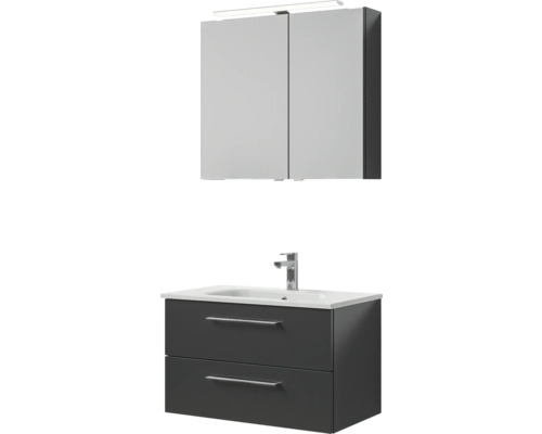 Meuble de salle de bains 3 pièces Pelipal Sunline 121 81 x 200 x 46 cm façade anthracite brillant avec vasque en marbre minéral sous-vasque armoire de toilette lumineuse