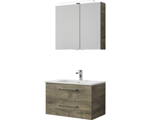 Badmöbel-Set Pelipal Sunline 121 BxHxT 81 x 200 x 46 cm Frontfarbe Eiche ribbeck mit Mineralguss-Waschtisch Waschtischunterschrank und Spiegelschrank mit LED-Beleuchtung Badezimmermöbel-Set mit Waschtischunterschrank, Waschbecken und Spiegelschrank