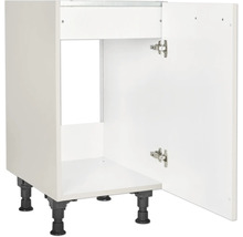 Meuble bas de cuisine avec porte ouverte et pieds réglables