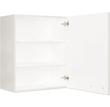 Weißer Hängeschrank mit zwei Regalböden und geöffneter Tür.