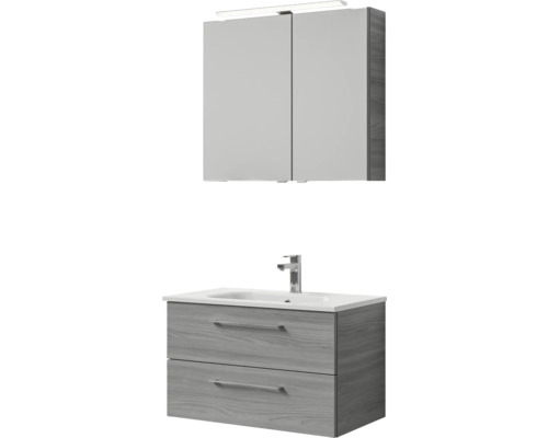 Meuble de salle de bains 3 pièces Pelipal Sunline 121 81 x 200 x 46 cm façade gris sangallo mat avec vasque en marbre minéral sous-vasque armoire de toilette lumineuse