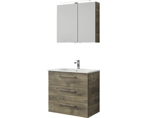 Badmöbel-Set Pelipal Sunline 121 BxHxT 81 x 200 x 46 cm Frontfarbe Eiche ribbeck mit Mineralguss-Waschtisch Waschtischunterschrank 3 Schubkästen und Spiegelschrank mit LED-Beleuchtung Waschtischunterschrank mit drei Schubladen und Spiegelschrank mit Beleuchtung für das Badezimmer