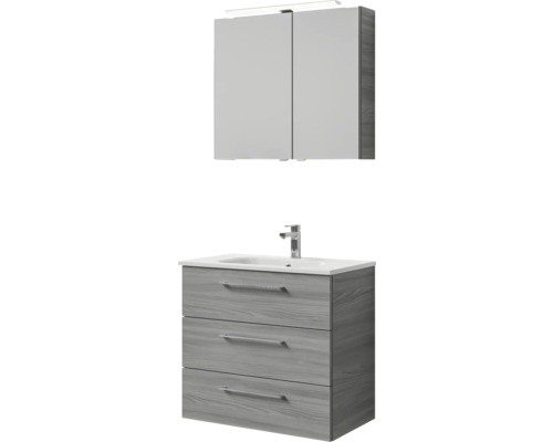 Badmöbel-Set Pelipal Sunline 121 BxHxT 81 x 200 x 46 cm Frontfarbe sangallo grau mit Mineralguss-Waschtisch Waschtischunterschrank 3 Schubkästen und Spiegelschrank mit LED-Beleuchtung Badezimmerset mit Waschbeckenunterschrank, Waschbecken und Spiegelschrank