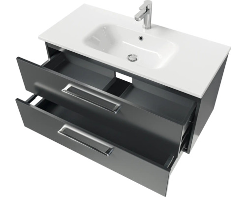 Meuble sous-lavabo avec deux tiroirs ouverts et lavabo à poser