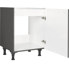 Meuble bas de cuisine avec porte ouverte et pieds réglables pour cuisinière intégrée