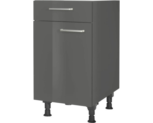 Meuble bas avec tiroir et porte pivotante NOBILIA Urban lxpxh 45 x 58 x 87 cm façade gris à haute brillance corps gris ardoise butée gauche monté Meuble bas de cuisine gris avec tiroir et porte