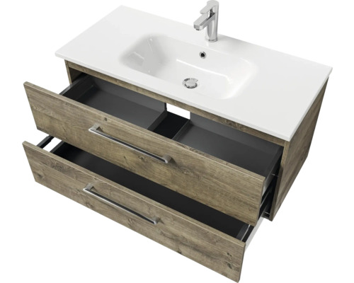 Meuble sous-vasque avec deux tiroirs ouverts et vasque à poser