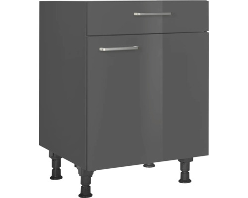 Meuble bas avec tiroir et porte pivotante NOBILIA Urban lxpxh 60 x 58 x 87 cm façade gris à haute brillance corps gris ardoise butée droite monté Meuble bas de cuisine avec tiroir et porte