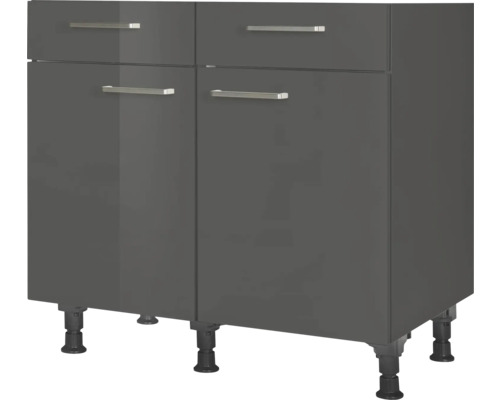 Meuble bas avec tiroir et porte pivotante NOBILIA Urban lxpxh 90 x 58 x 87 cm façade gris à haute brillance corps gris ardoise butée gauche droite monté Meuble bas avec deux tiroirs et deux portes